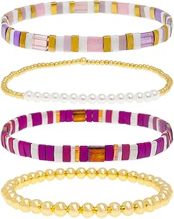 Gold Beaded Flat Bracelets Set for Women, 4 Pieces