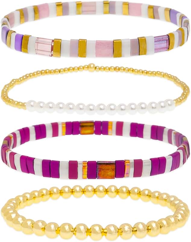 Gold Beaded Flat Bracelets Set for Women, 4 Pieces