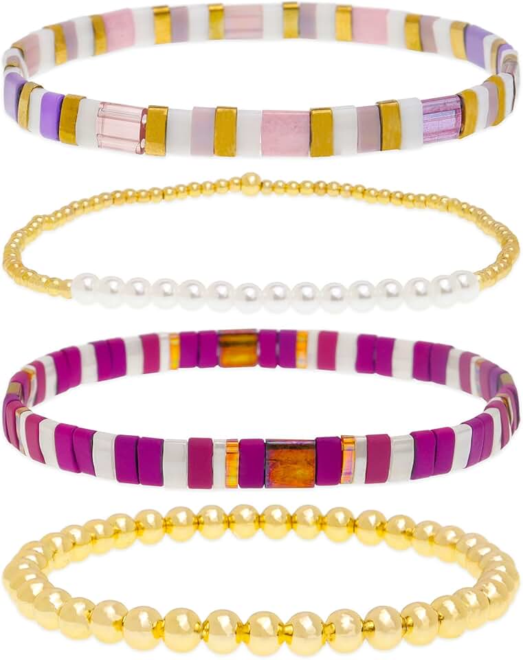Gold Beaded Flat Bracelets Set for Women, 4 Pieces