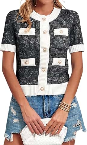 Women's Short Sleeve Button-Down Cardigan with Pockets
