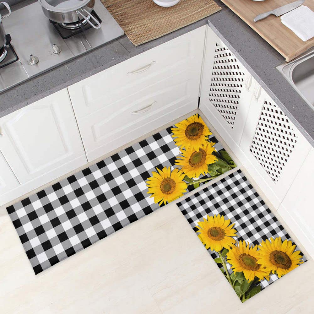 Sunflower Kitchen Mat Set of 2, Bright Sunflower on Black White Buffalo Plaid Check Summer Microfiber Kitchen Rug TPR Non- Backing Doormat Runner Rug Set Floor Mat, 16" x 24"+16" x 48")