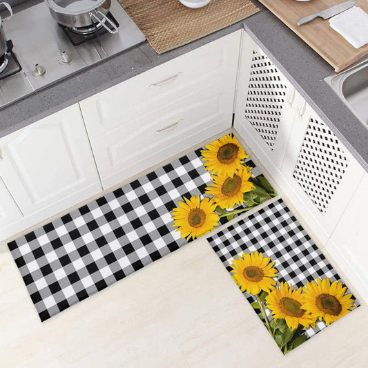 Sunflower Kitchen Mat Set of 2, Bright Sunflower on Black White Buffalo Plaid Check Summer Microfiber Kitchen Rug TPR Non- Backing Doormat Runner Rug Set Floor Mat, 16" x 24"+16" x 48")
