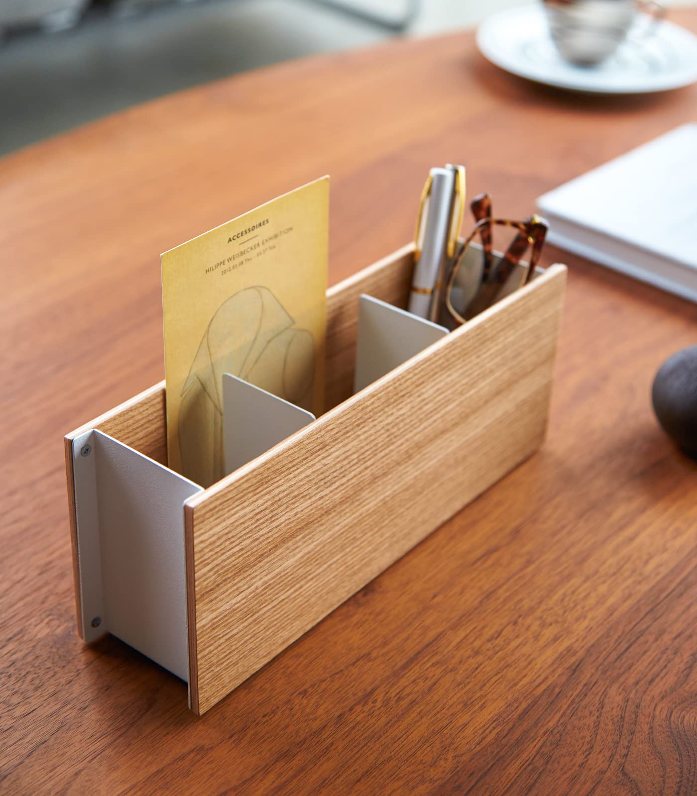 Small Steel and Wood Desk Organizer for Remote and Pen