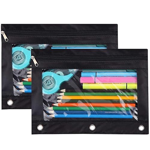 Black zipper pencil pouch for 3-ring binders, 2-pack