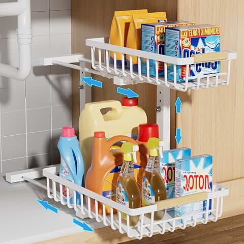 Adjustable 2-Tier Under Sink Organizer with Slide-Out Basket