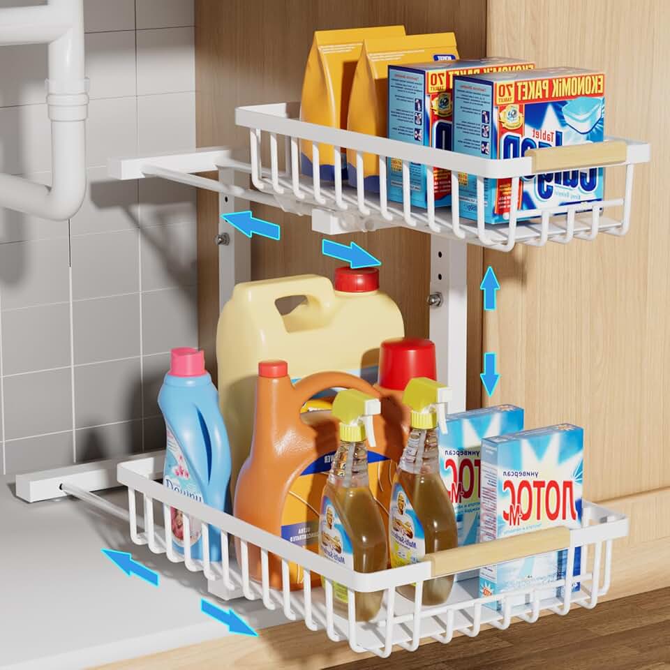 Adjustable 2-Tier Under Sink Organizer with Slide-Out Basket