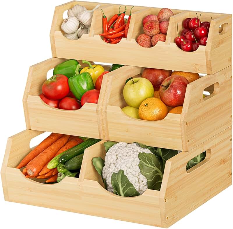 3-Tier Bamboo Pantry Storage Bins with Handles