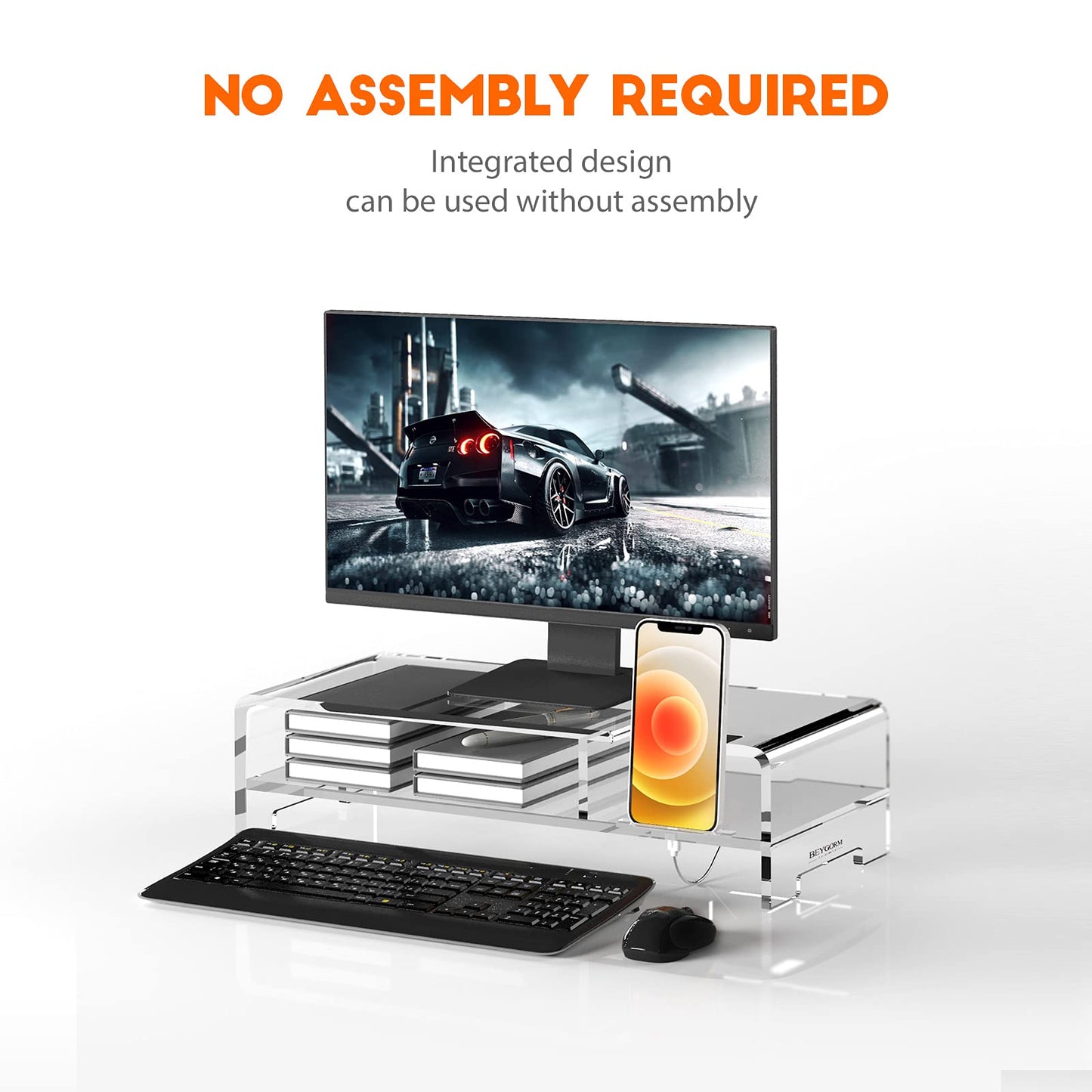 Acrylic Monitor Stand Riser, Wide 20", 2 Tier Computer Stand with Storage, Desk Organizer Desktop Printer Stand Laptop Storage Shelf Screen Holder with Phone Holder(Clear)