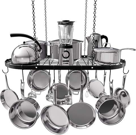 Heavy-Duty Black Ceiling Pot Rack with 15 Hooks
