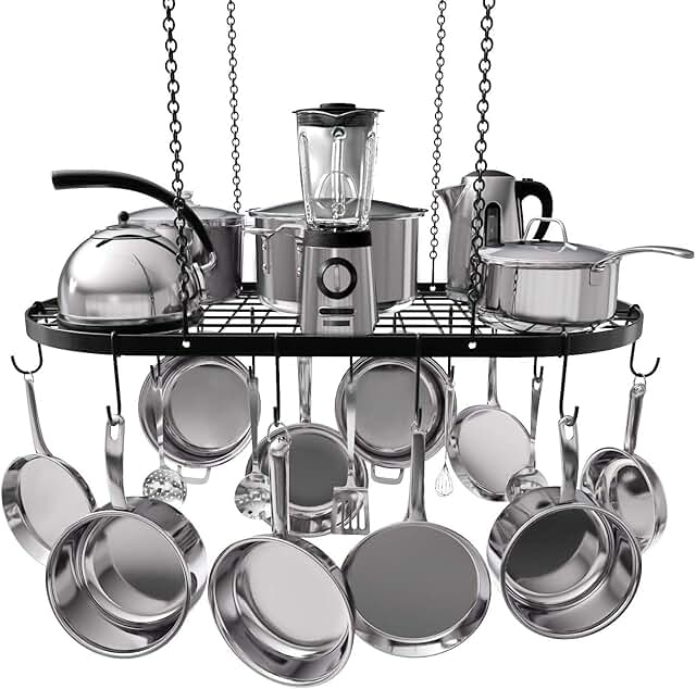 Heavy-Duty Black Ceiling Pot Rack with 15 Hooks