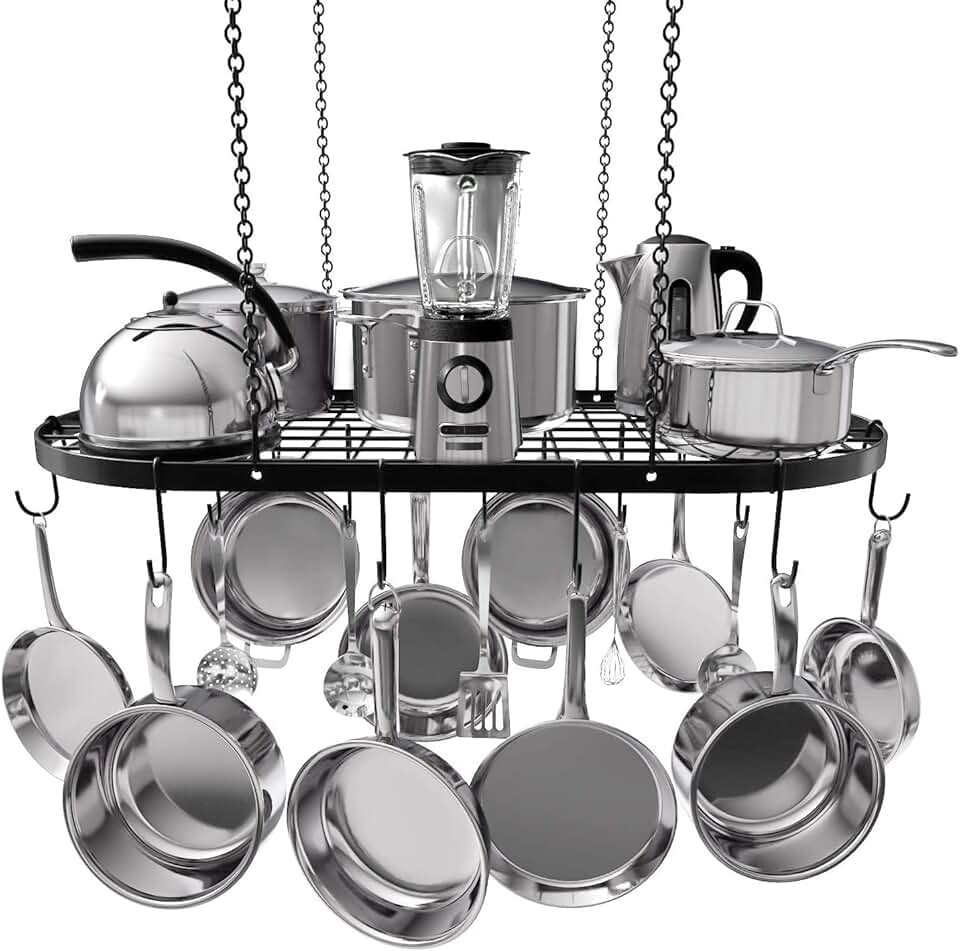 Heavy-Duty Black Ceiling Pot Rack with 15 Hooks