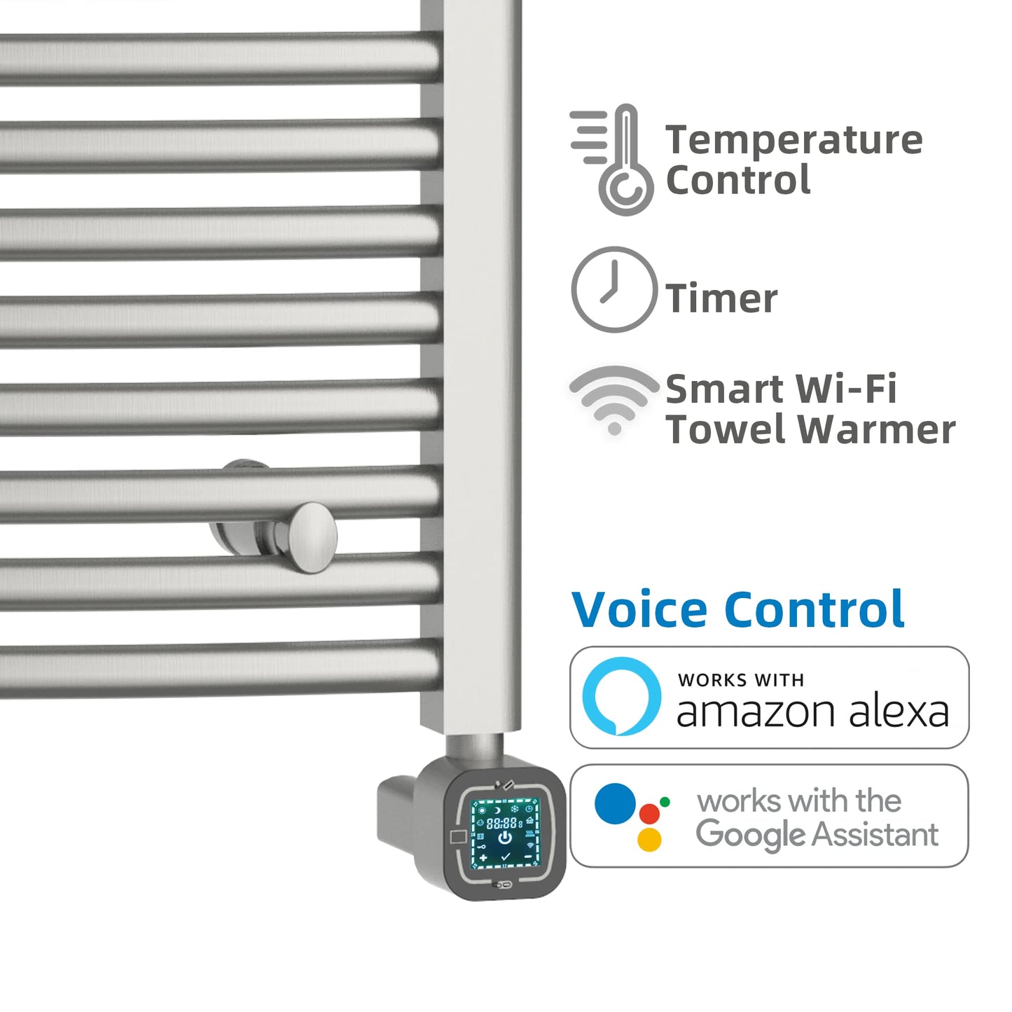 HEAT E Smart Towel Warmer with Timer and Temperature Control, Smart Liquid Filled Towel Rails, Plug-in/Hardwired Wall-Mounted Towel Heater Rack Compatible with and Google Home, Brushed