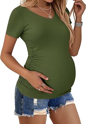 Short Sleeve V-Neck Maternity Top with Side Ruched Design