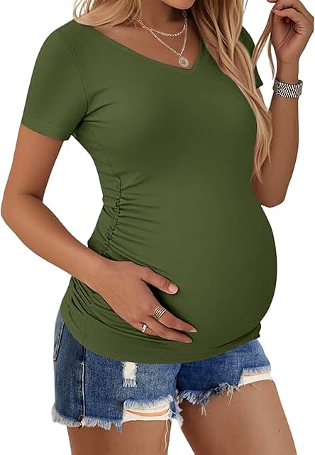 Short Sleeve V-Neck Maternity Top with Side Ruched Design
