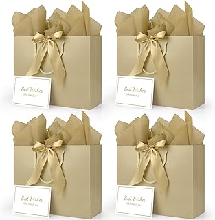 Set of 4 Large Champagne Gift Bags with Ribbons Cards and Tissue