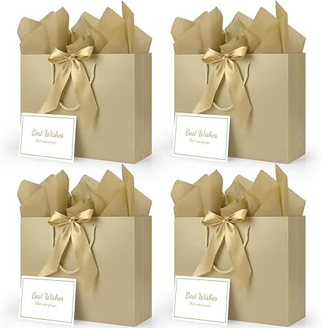 Set of 4 Large Champagne Gift Bags with Ribbons Cards and Tissue