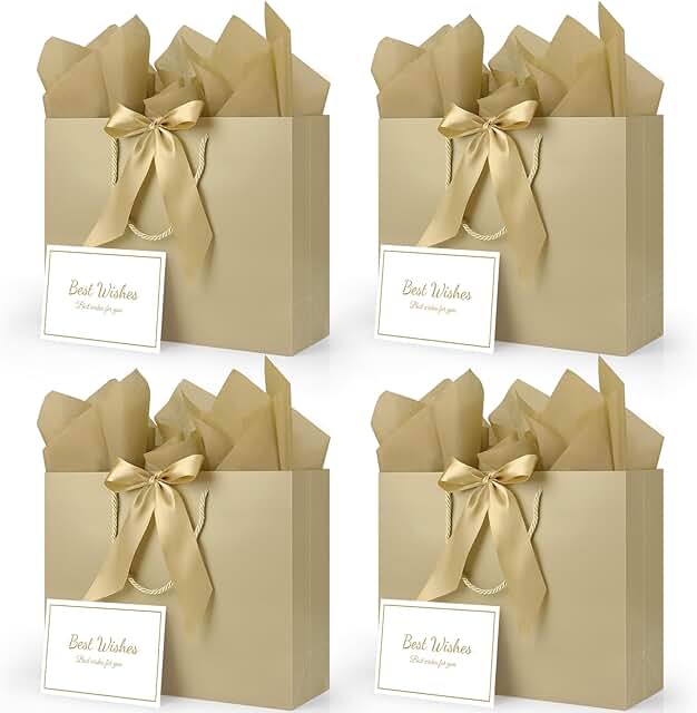 Set of 4 Large Champagne Gift Bags with Ribbons Cards and Tissue