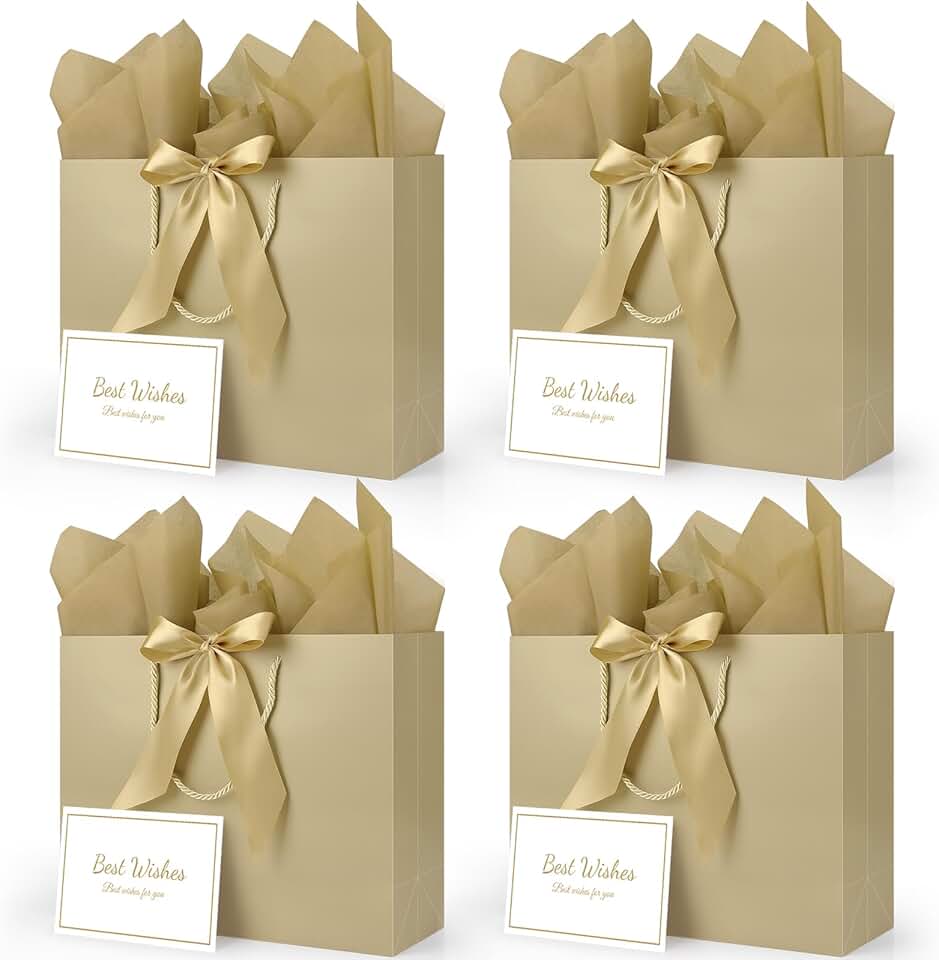 Set of 4 Large Champagne Gift Bags with Ribbons Cards and Tissue