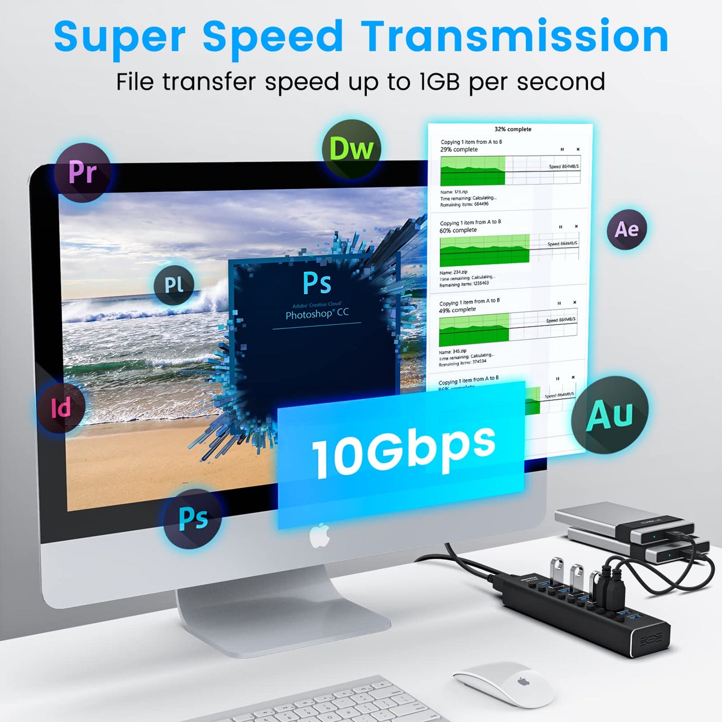 Powered USB Hub, 10 Port USB 3.1 Hub 10Gbps with 36W (12V/3A) Power Adapter, Type A and Type C Cables, Aluminum USB C Hub Splitter for PC and Laptop (RSH-A10S)