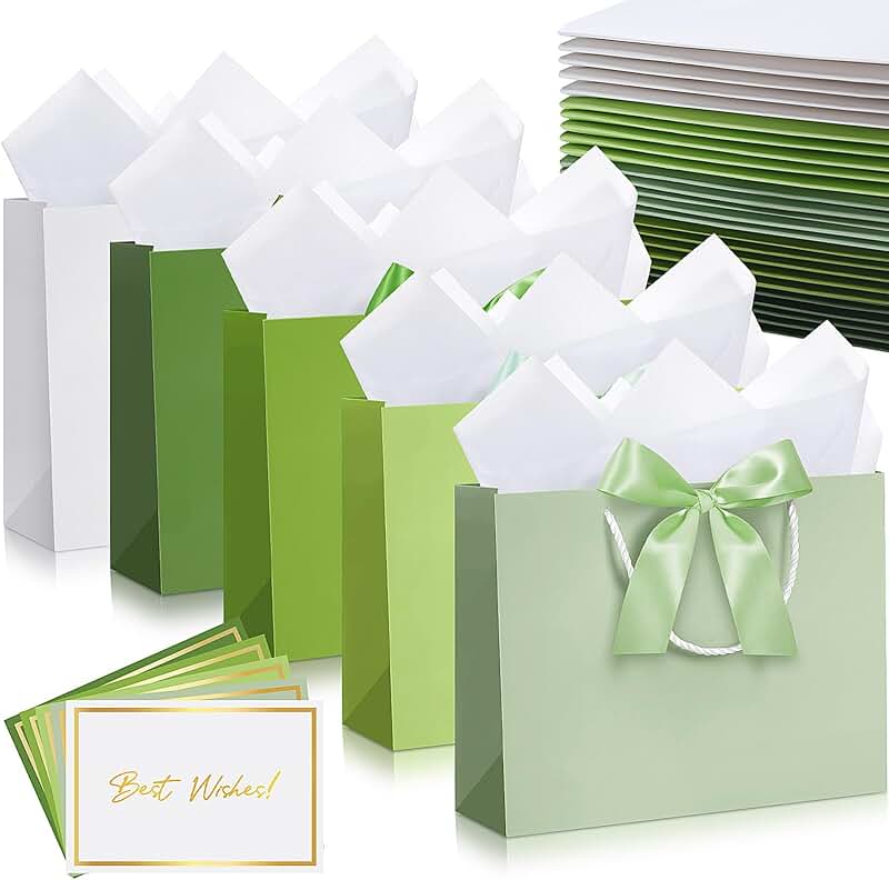 25 Large Gift Bags with Tissue and Card in Sage Green