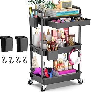 Three-tier rolling storage cart with removable drawer