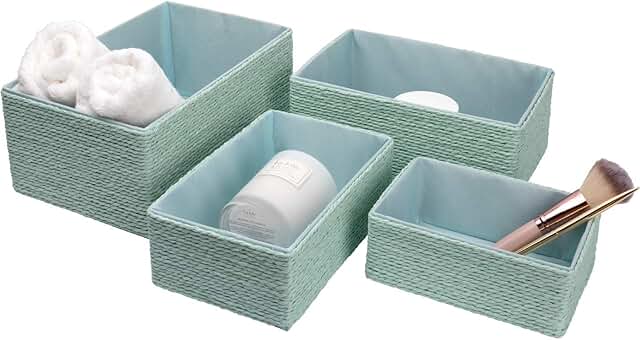 Set of 4 Light Green Woven Storage Baskets