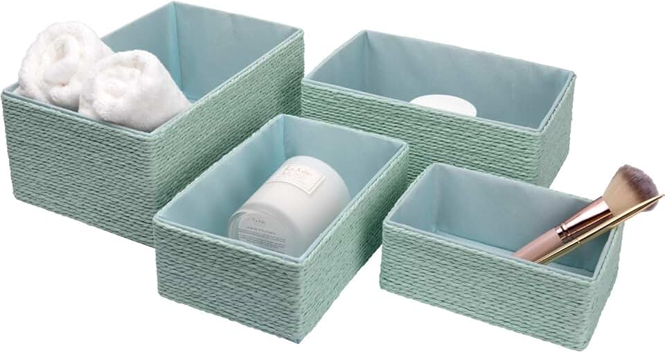 Set of 4 Light Green Woven Storage Baskets
