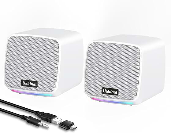 White USB-powered desktop computer speakers
