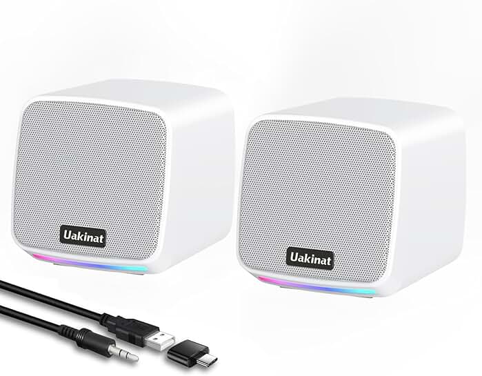 White USB-powered desktop computer speakers