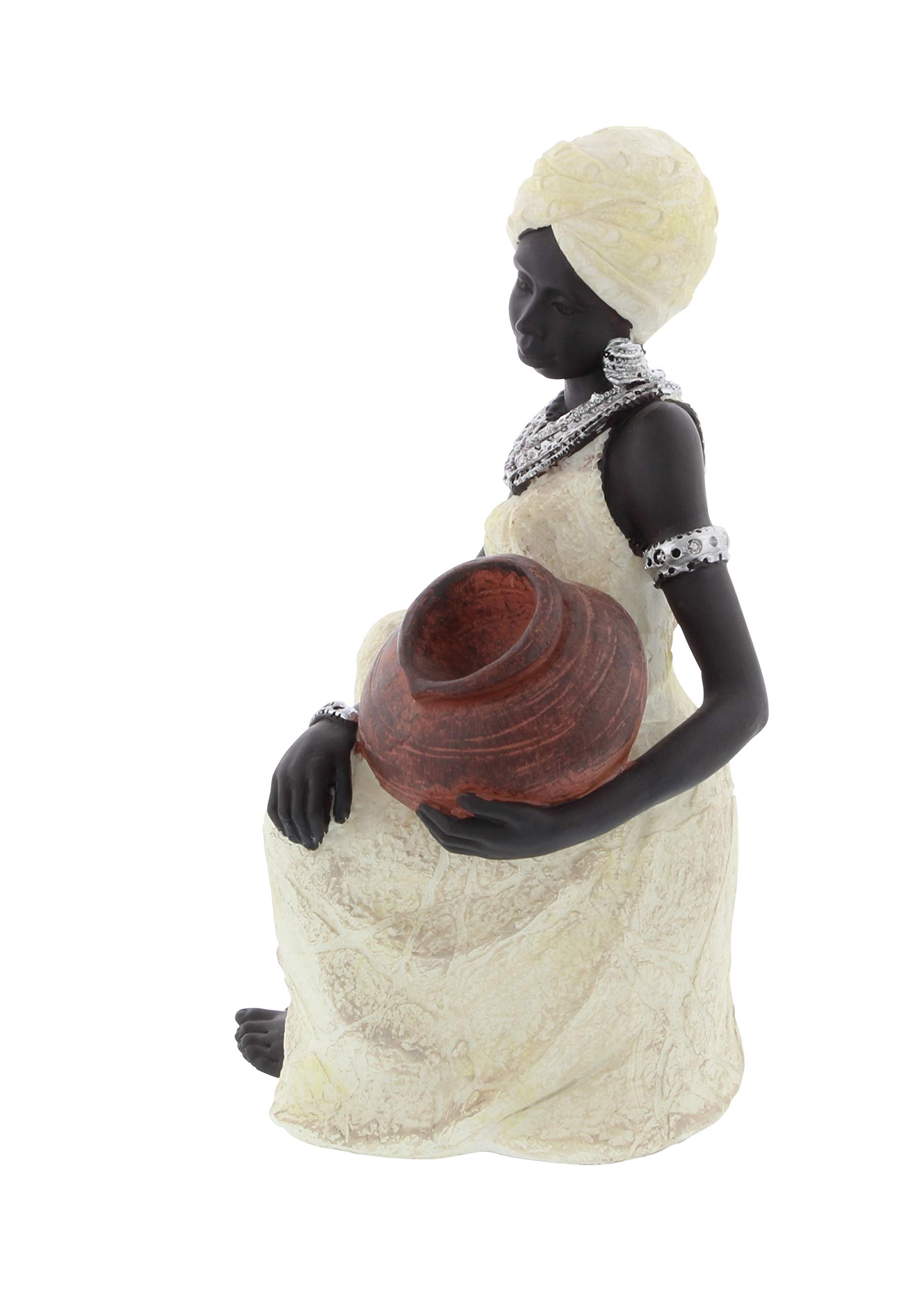 Polystone W n Sitting African Sculpture with Red Water Pot, 6" x 6" x 10", Cream