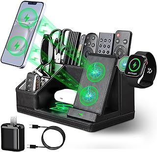 Black Leather Desk Organizer with Charging Station