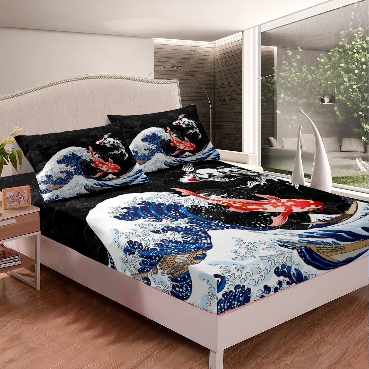 Ukiyoe Fish Bed Sheets Ocean Surfing Koi Toddler Sheet Set Kids Boys Adult Style Exotic Koi Animal Bed Set Exotic Style Sheets Bedroom 4Pcs Full Size