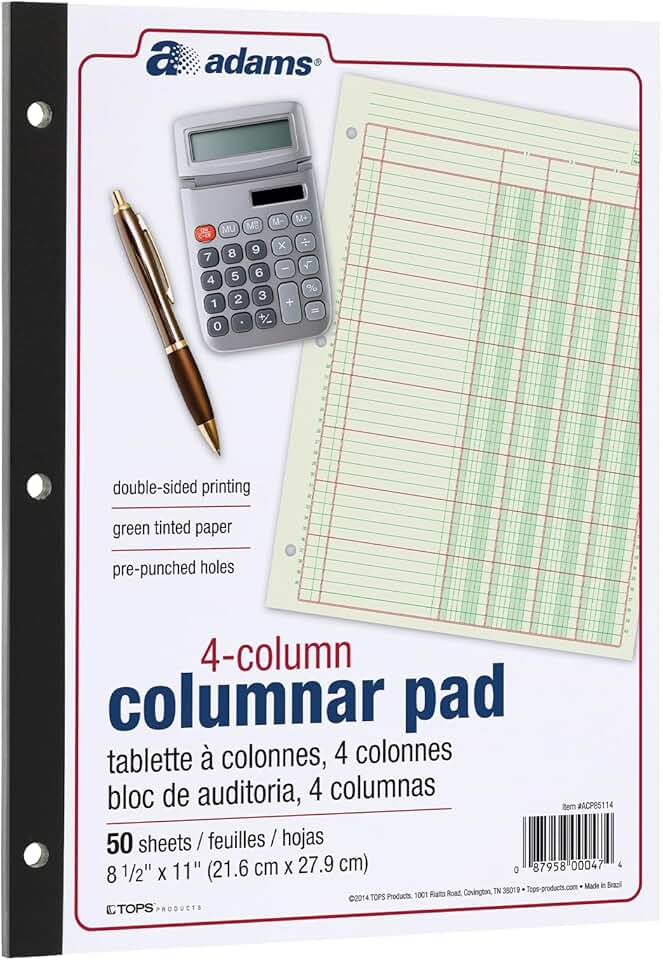 Green 4-Column Ledger Pad, 8.5" x 11"