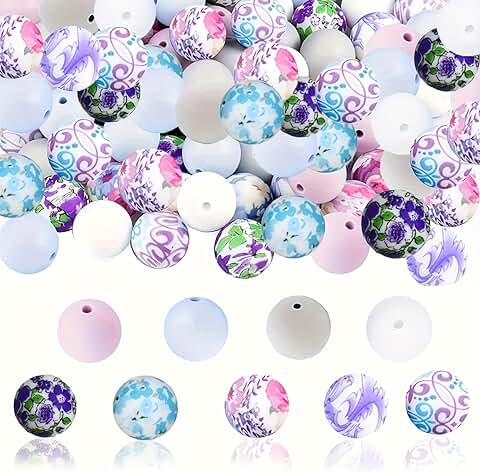 100 Round Silicone Beads with Violet Floral Patterns