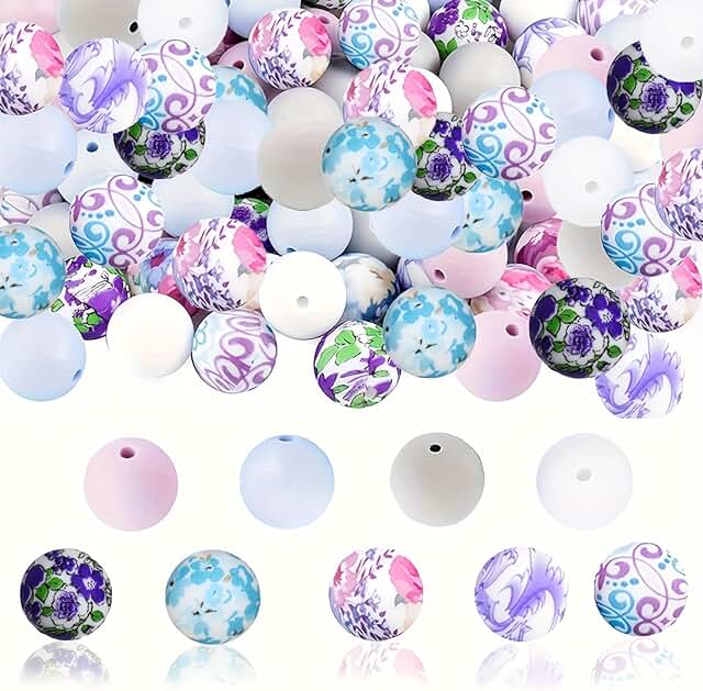 100 Round Silicone Beads with Violet Floral Patterns