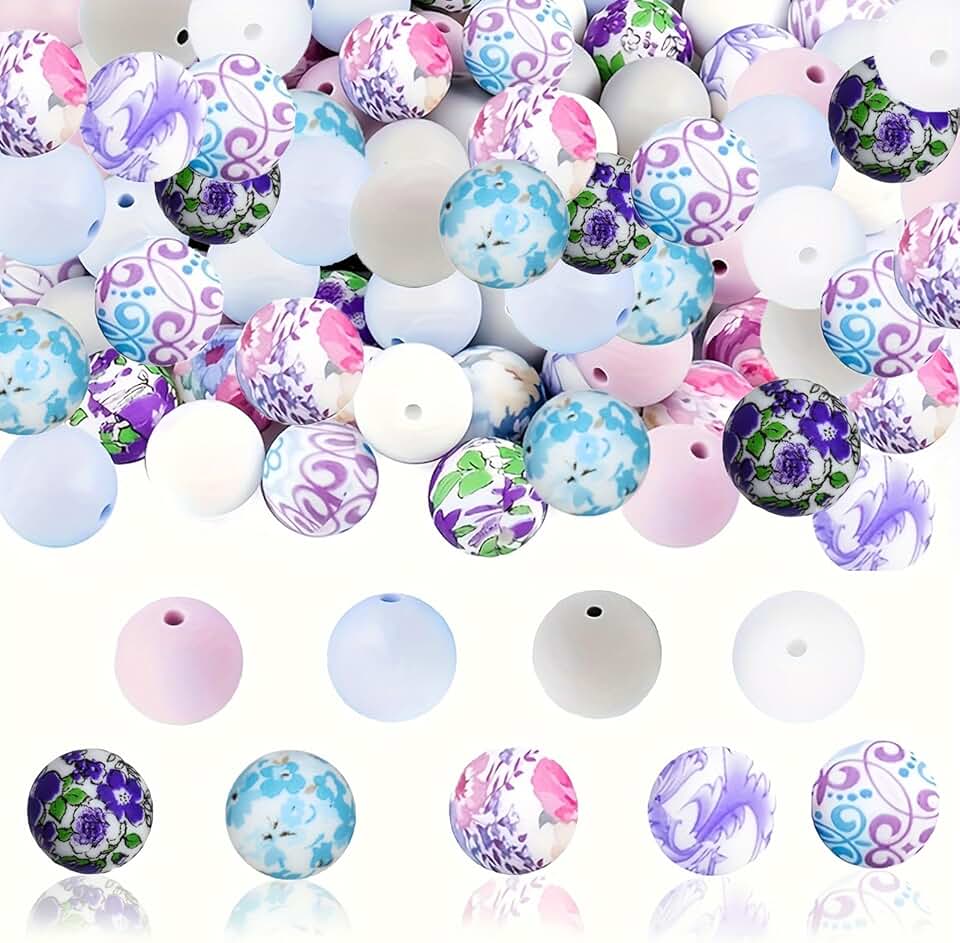 100 Round Silicone Beads with Violet Floral Patterns