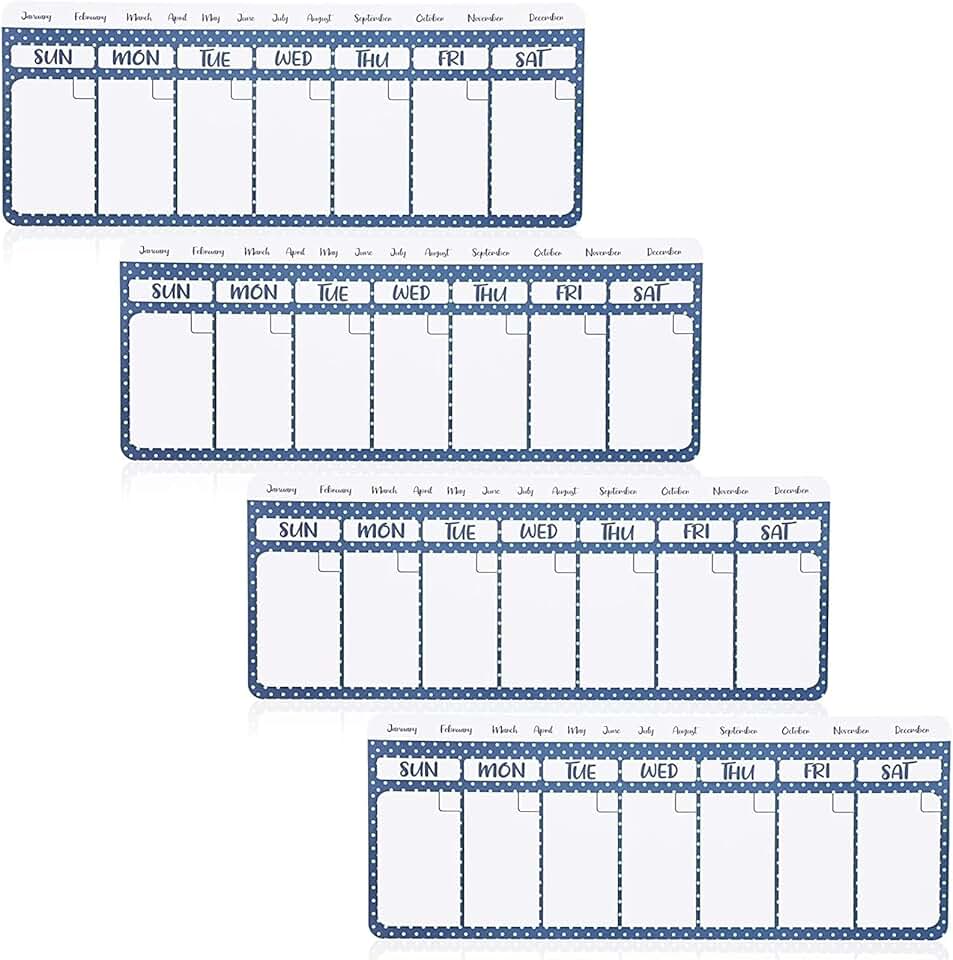 Set of 4 Magnetic Weekly Dry Erase Calendars, 11"x4.2"