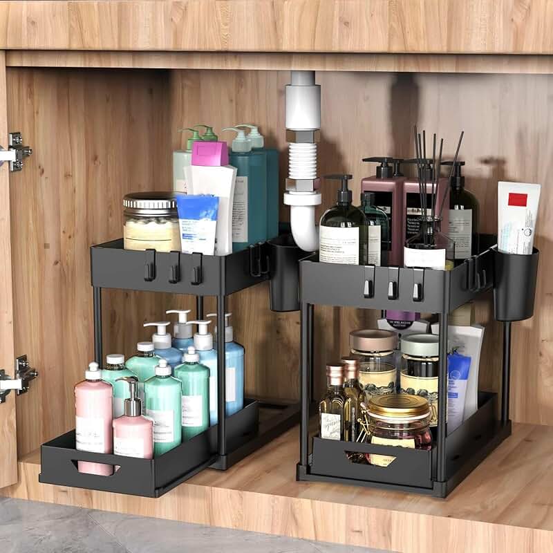 Two-Piece Under Sink Organizer with Hooks and Shelves