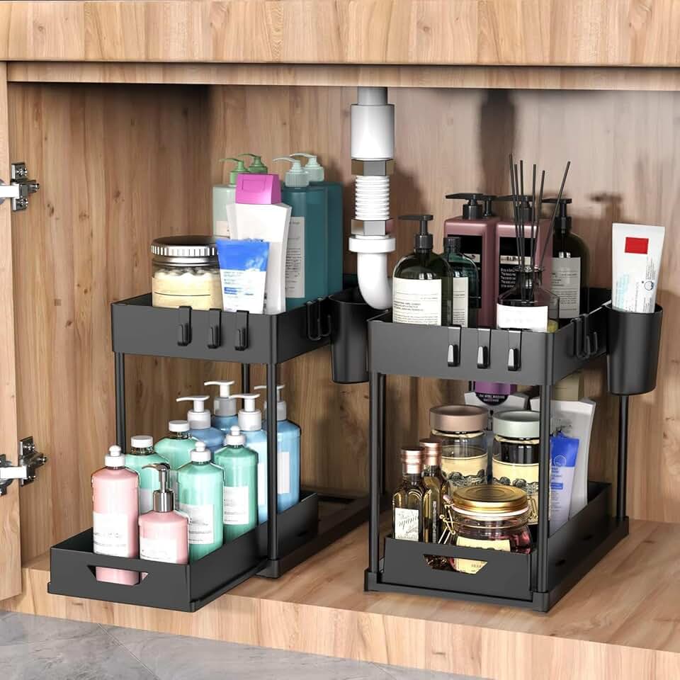 Two-Piece Under Sink Organizer with Hooks and Shelves