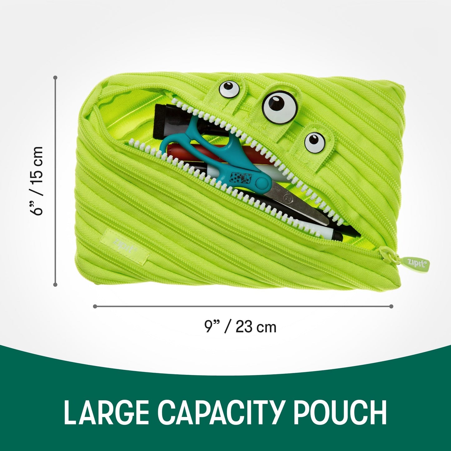Large Lime Green Monster Pencil Case for Kids