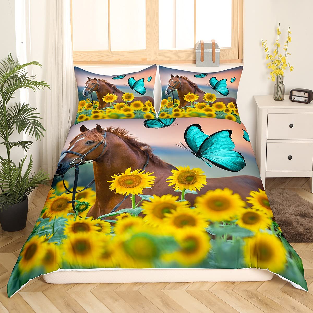 Horse Comforter Cover Yellow Sunflower Bedding Set Queen Size Boys Girls Women 3D Wild Horse Duvet Cover Teal Butterfly Decor Bedspread Cowboys Western Farmhouse Rustic Theme Quilt Cover