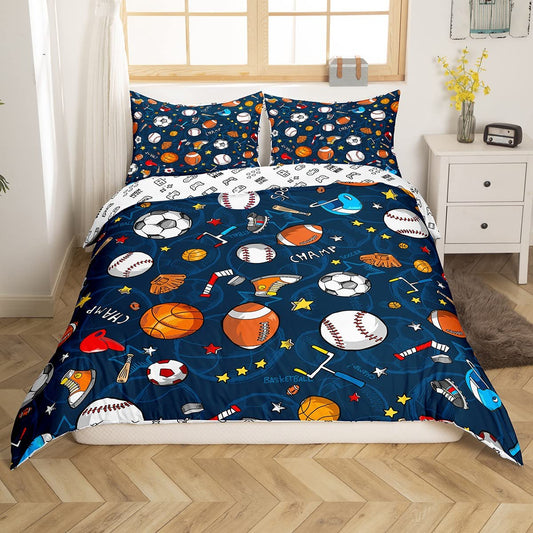 Baseball Bedding Set Football Rugby Basketball Comforter Cover for Kids Boys Girls Youth Ball Sports Themed Duvet Cover Soccer Football Game Volleyball Reversible Quilt Set Queen Size Bedroom Decor