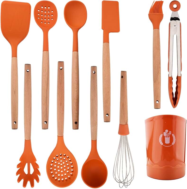 Orange silicone kitchen utensil set with wooden handles
