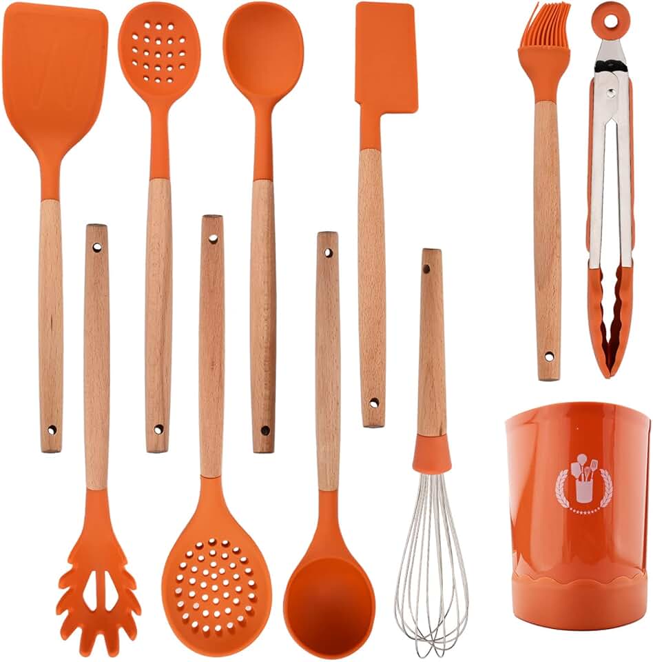 Orange silicone kitchen utensil set with wooden handles