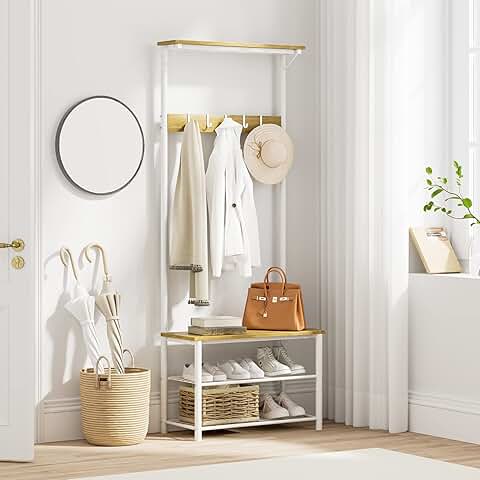 Wooden hall tree with bench, shoe storage, and hooks