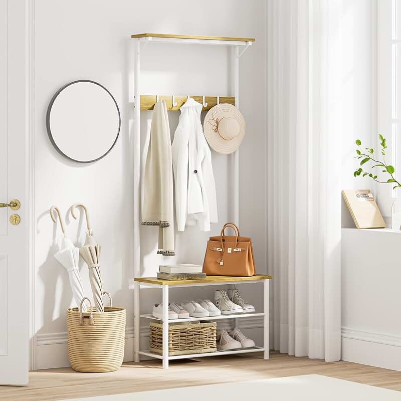 Wooden hall tree with bench, shoe storage, and hooks