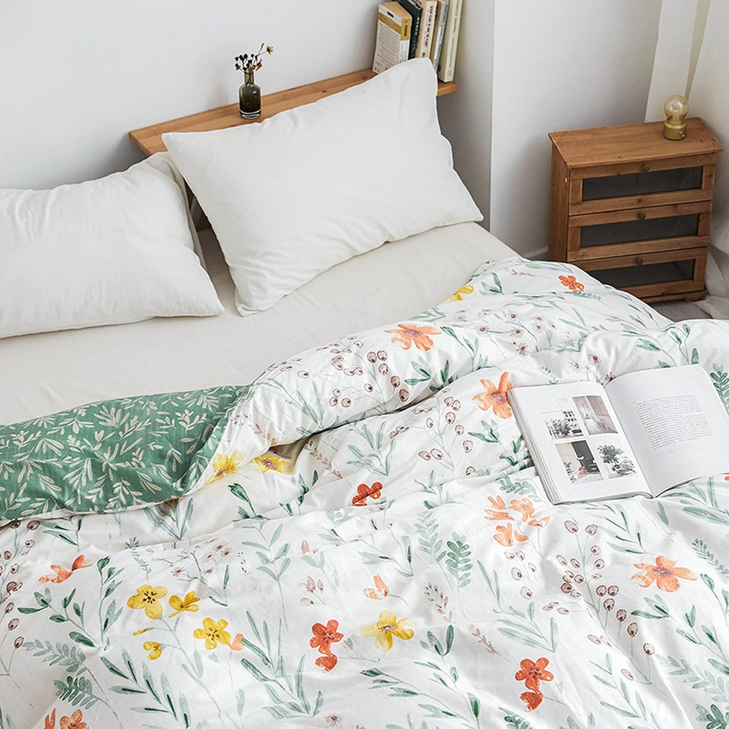 Floral Duvet Cover Sets Full Size, 100% Cotton Flower Pattern Bedding Botanical Plants Comforter Cover with Zipper Closure 1 Duvet Cover  2 Pillowcases, Super Soft Lightweight