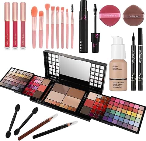 Complete Makeup Kit with Eyeshadow, Lipstick, Foundation, and Brushes