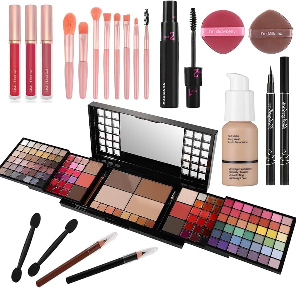 Complete Makeup Kit with Eyeshadow, Lipstick, Foundation, and Brushes
