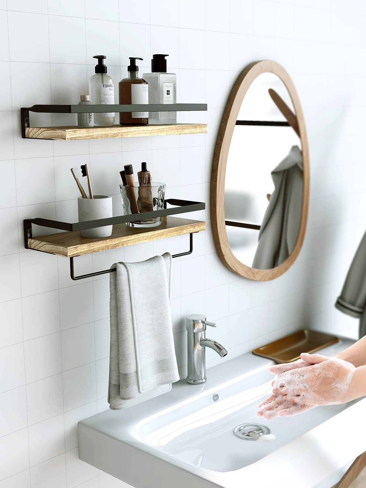 Floating Shelves, Bathroom Shelf with Towel Bar, Wall Shelves for Bathroom/Living Room/Kitchen/Bedroom, Light Brown Shelves Set of 2 - AMFS01